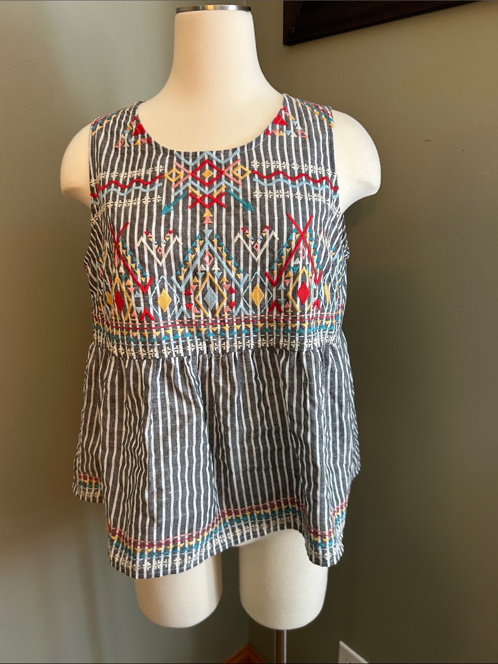 Embroidered Striped Peplum Tank Top - Gray with Multicolor Embroidery #boho